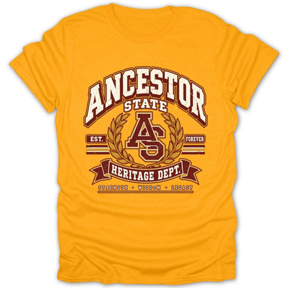 Gold t-shirt with "Ancestor State Heritage Dept." text and laurel wreath design.