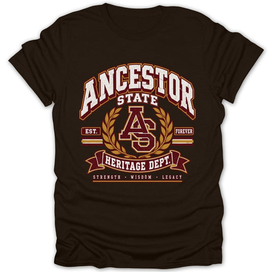 Brown t-shirt with vintage "Ancestor State Heritage Dept." graphic and "Strength, Wisdom, Legacy."