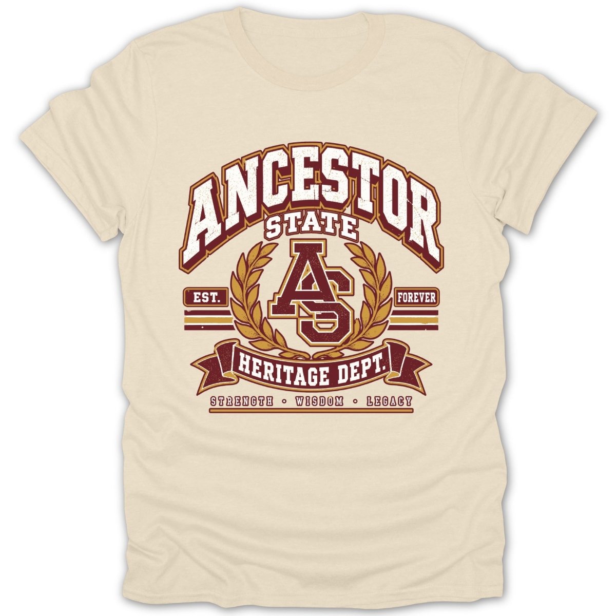 Cream t-shirt with "Ancestor State Heritage Dept." graphic and laurels.