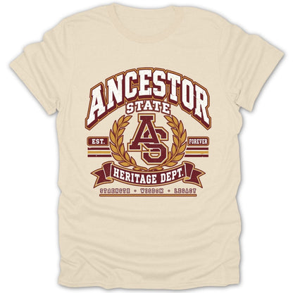 Cream t-shirt with "Ancestor State Heritage Dept." graphic and laurels.