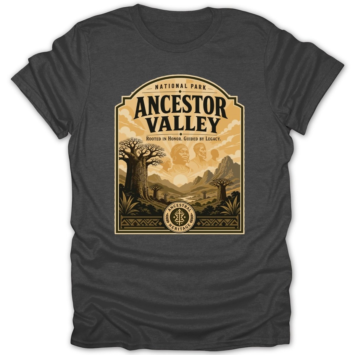 National Park Ancestor Valley design with baobab trees, mountains, and portraits.