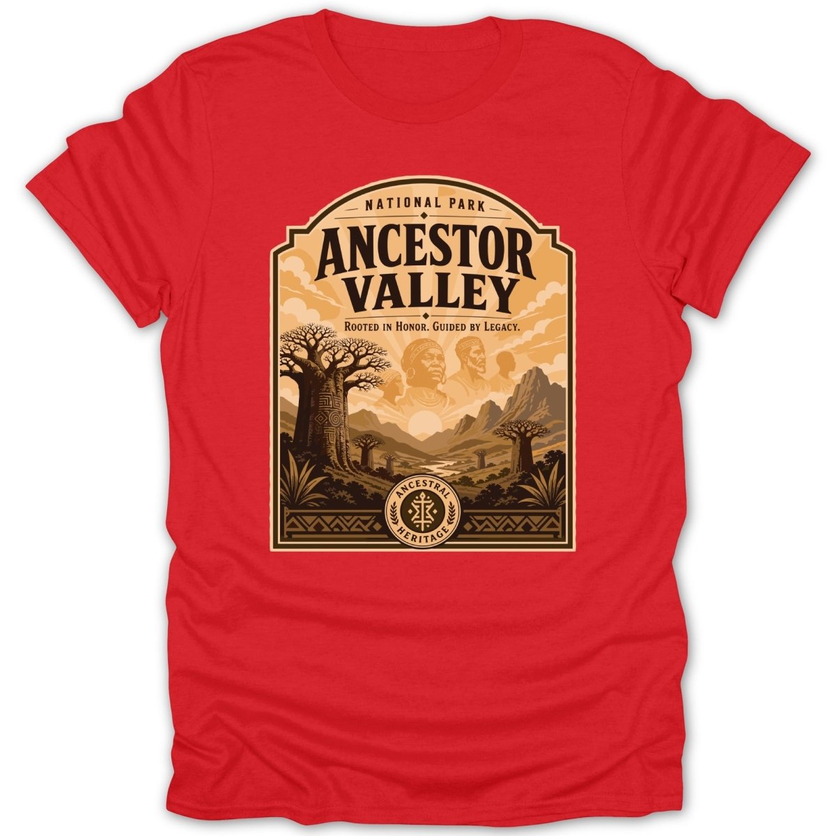 Red t-shirt with "Ancestor Valley" National Park design and text.