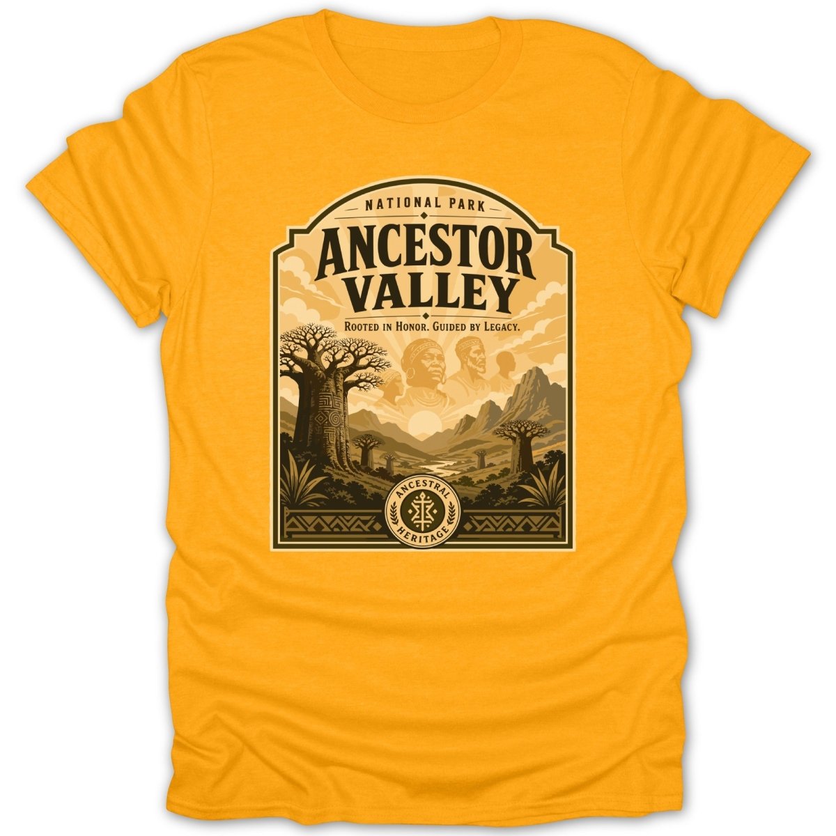 National Park Ancestor Valley graphic with text, baobab trees, and ancestral figures.