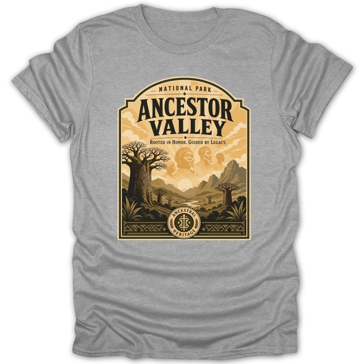 National Park Ancestor Valley with heritage emblem and savanna landscape.