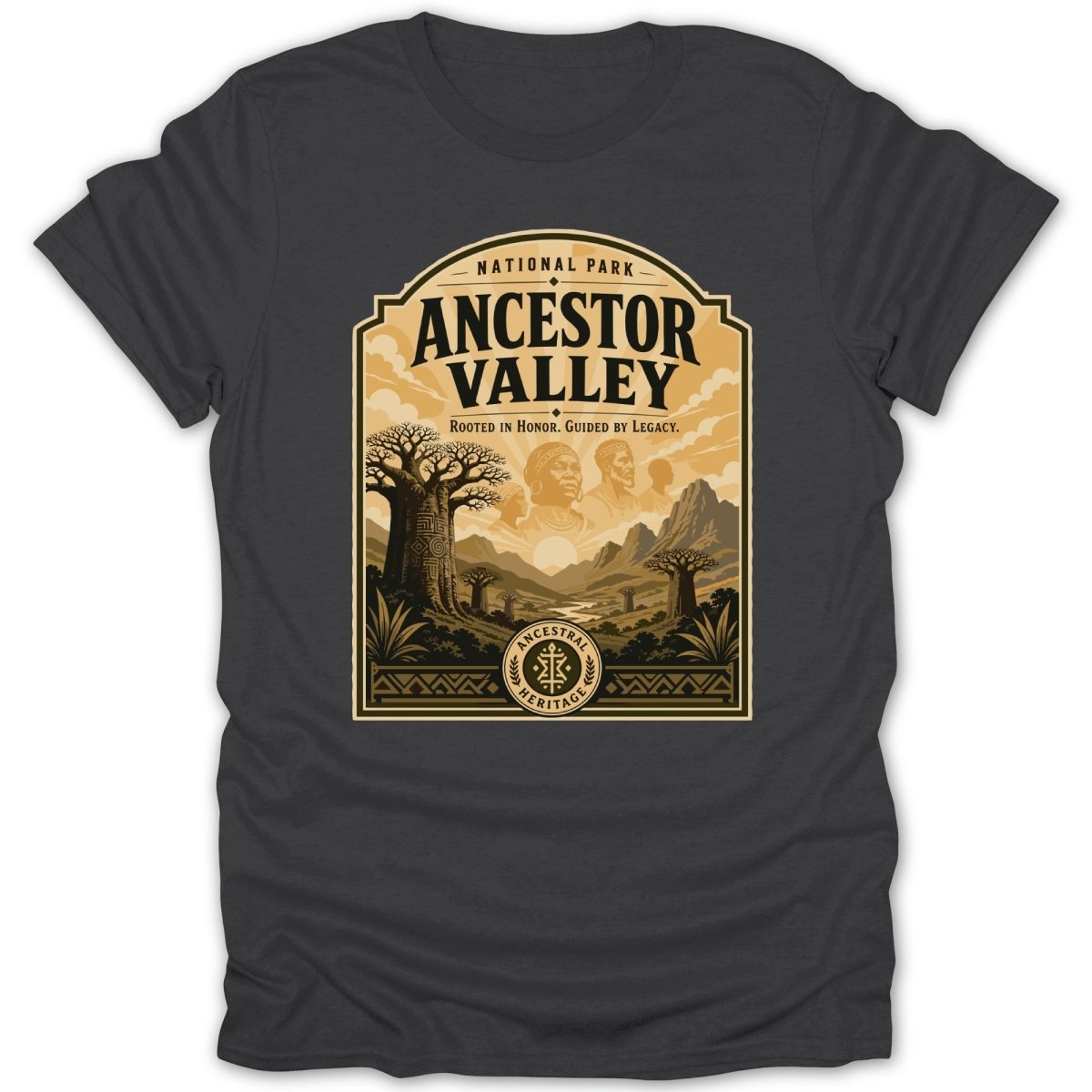 National Park Ancestor Valley graphic with baobab trees and ancestral figures.