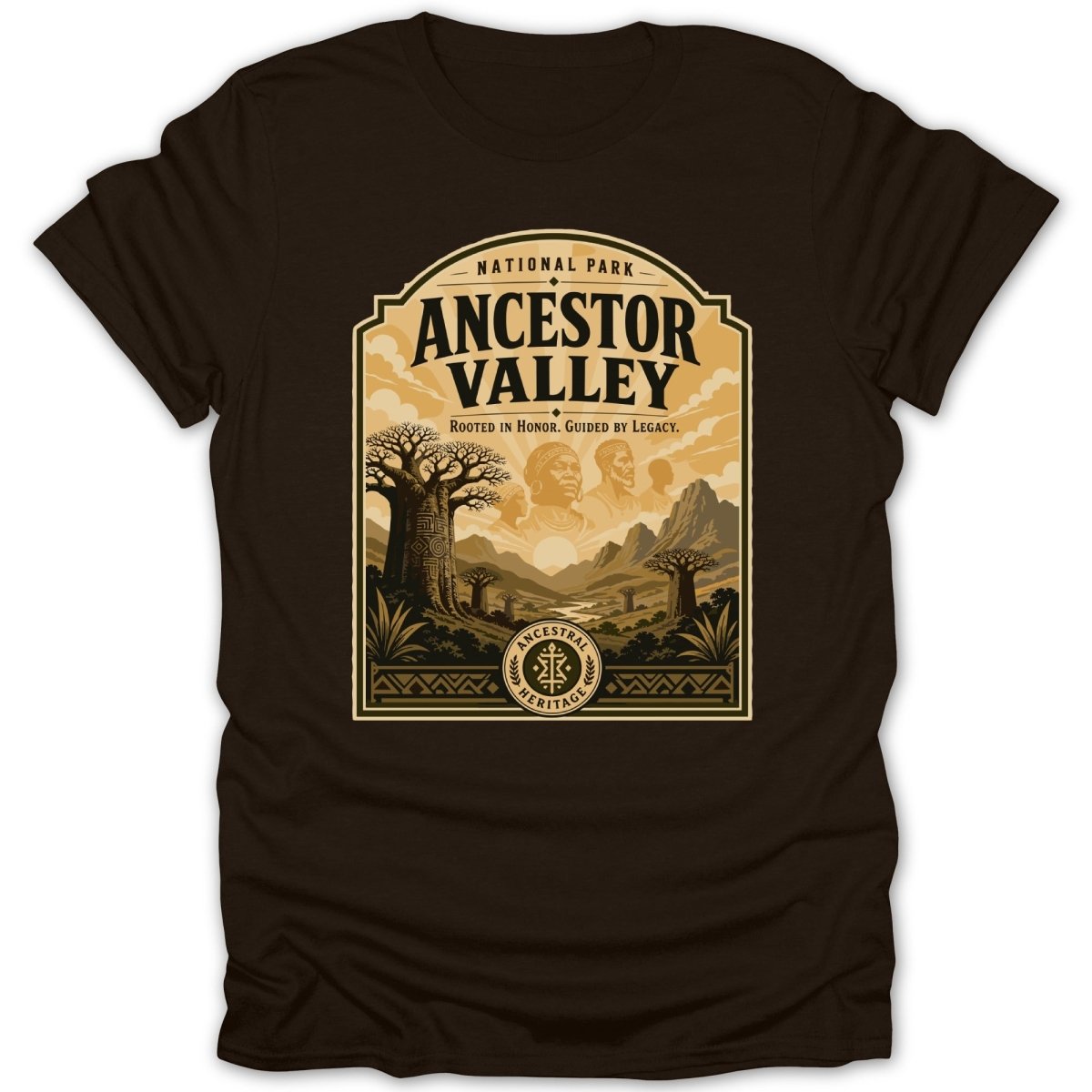National Park Ancestor Valley design with baobab trees, mountains, and ancestral faces.