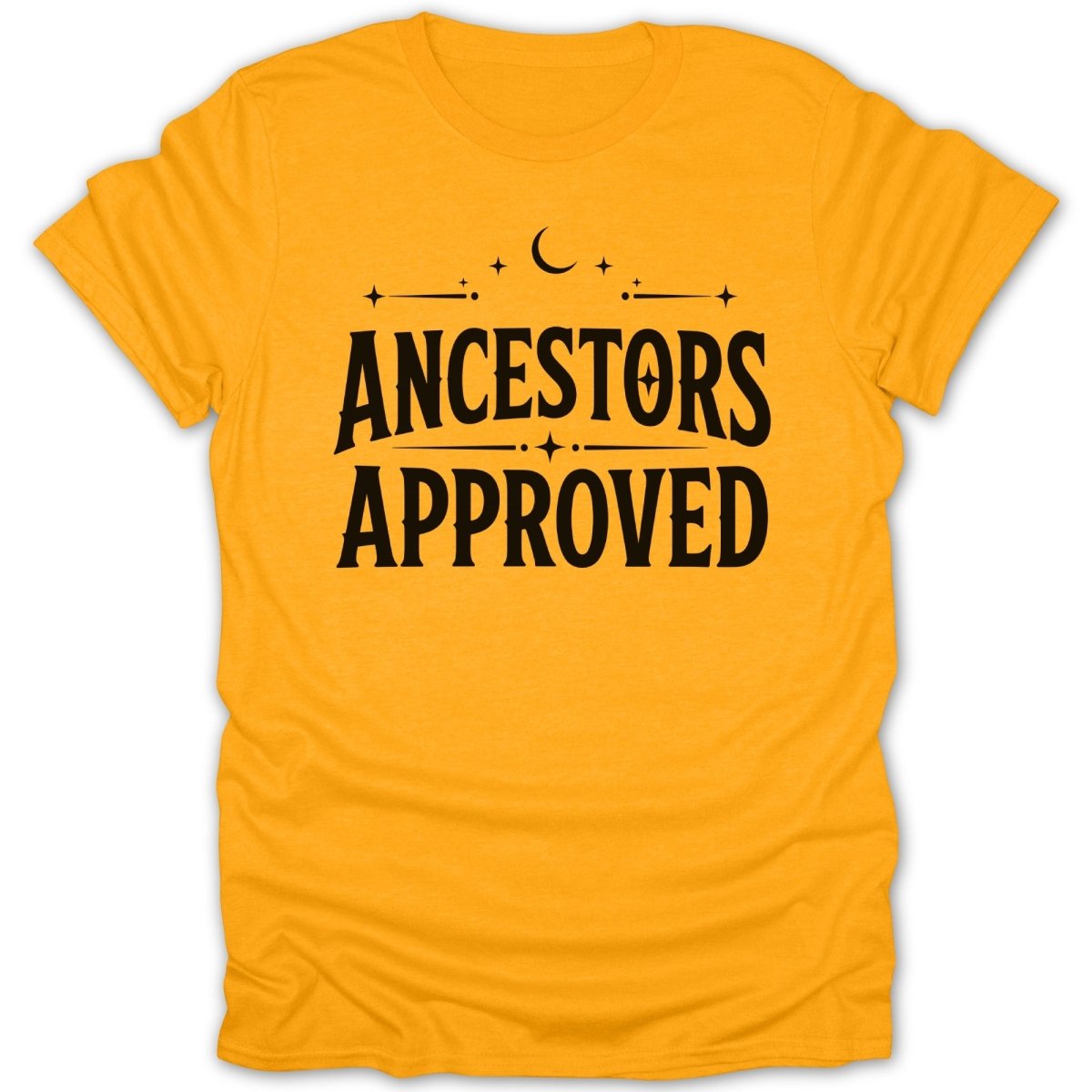 Orange t-shirt with black text "ANCESTORS APPROVED" and celestial accents.