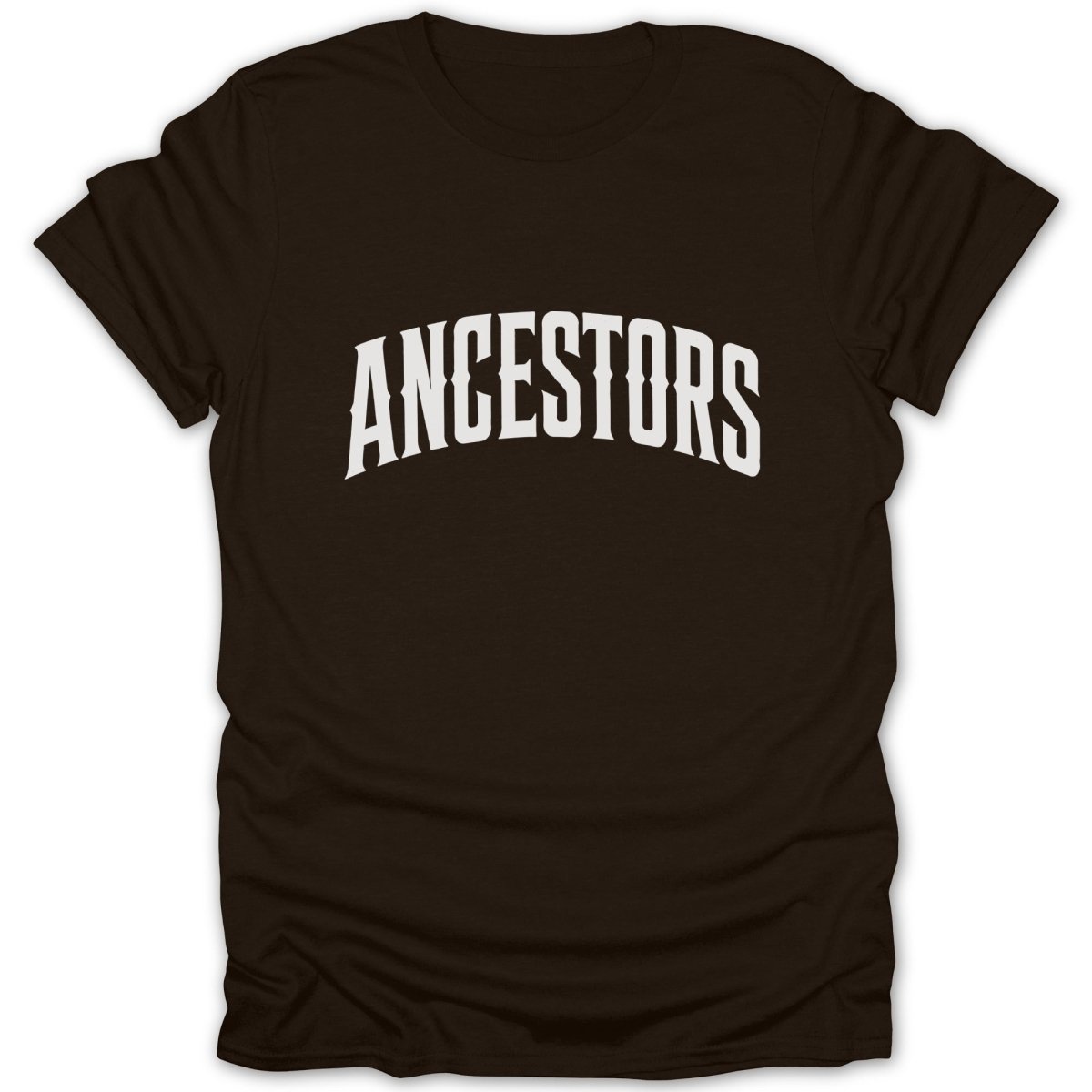 Brown t-shirt with white text "ANCESTORS" in an arched, vintage font.