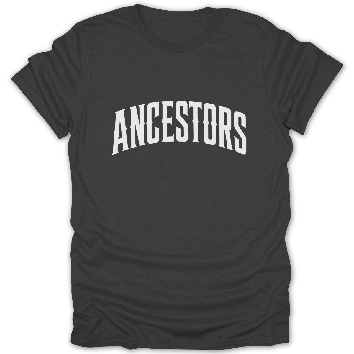 Dark grey t-shirt with white text reading "ANCESTORS" across the chest.