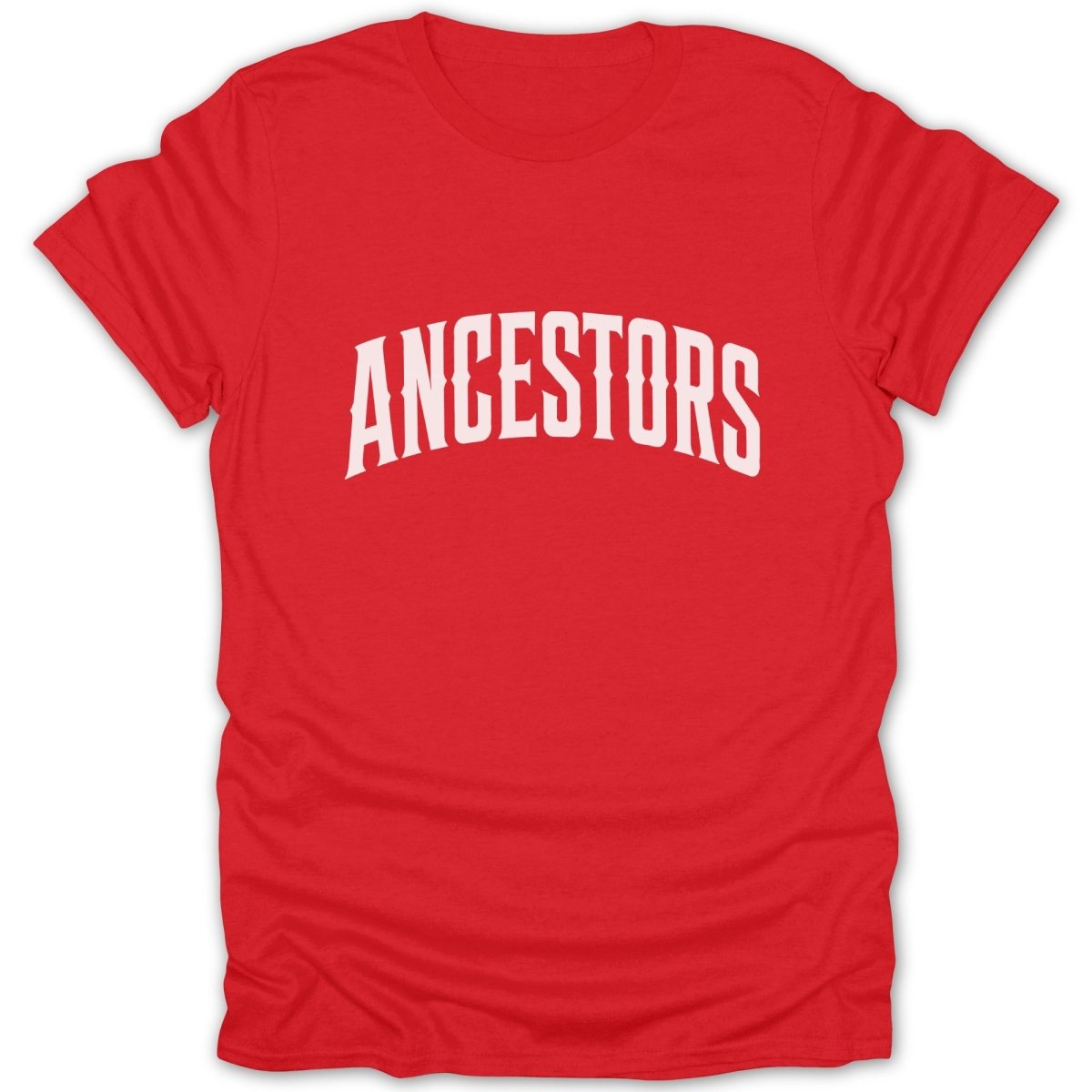 Red t-shirt with white block letters spelling "ANCESTORS" across the chest.