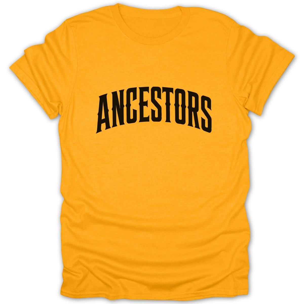 Orange t-shirt with black arched text that reads "ANCESTORS".
