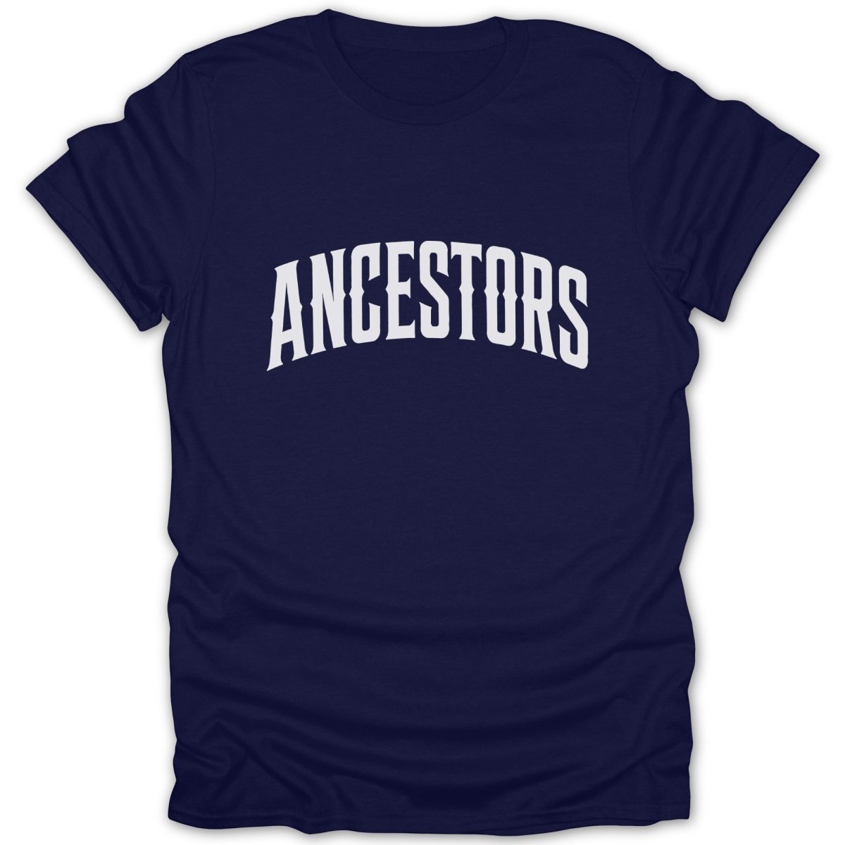 Navy t-shirt with white arched "ANCESTORS" graphic across the chest.