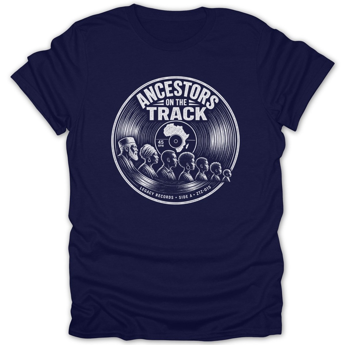 Navy t-shirt with circular design featuring diverse figures on a record labeled "Ancestors on the Track".