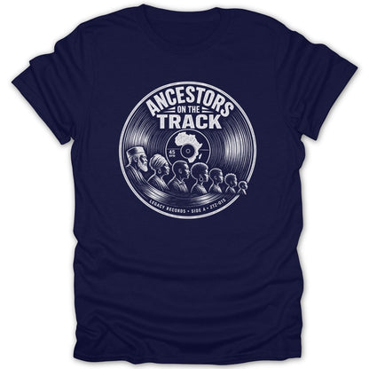 Navy t-shirt with circular design featuring diverse figures on a record labeled "Ancestors on the Track".