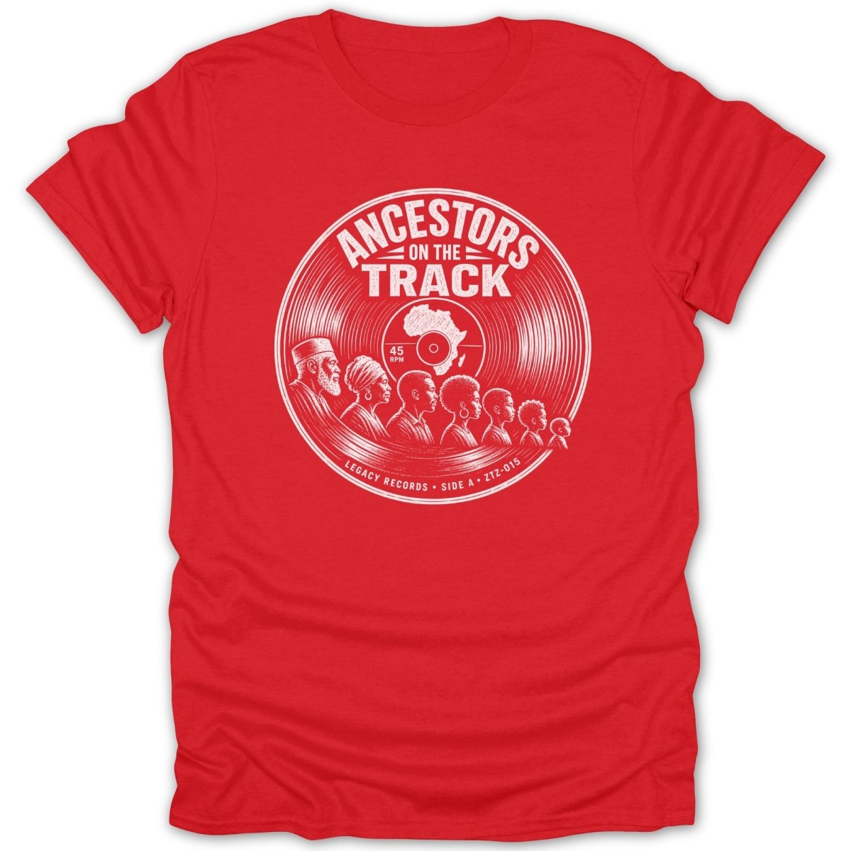 Red t-shirt with a white vinyl record graphic featuring diverse ancestors and "Ancestors On The Track".