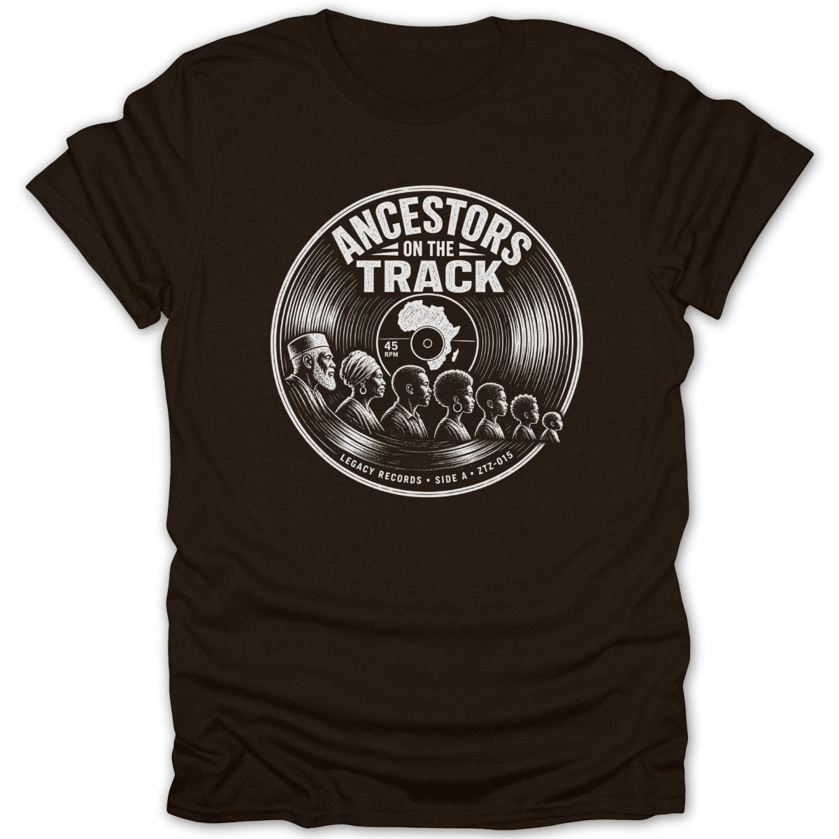 Vinyl record graphic with diverse faces and text "Ancestors on the Track".