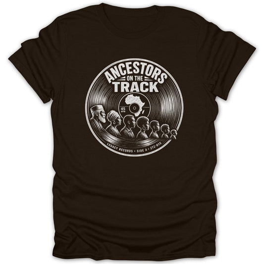 Vinyl record graphic with diverse faces and text "Ancestors on the Track".