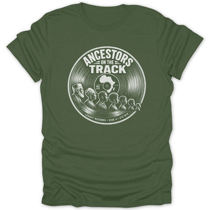 Green t-shirt with "Ancestors on the Track" vinyl record design featuring profiles.