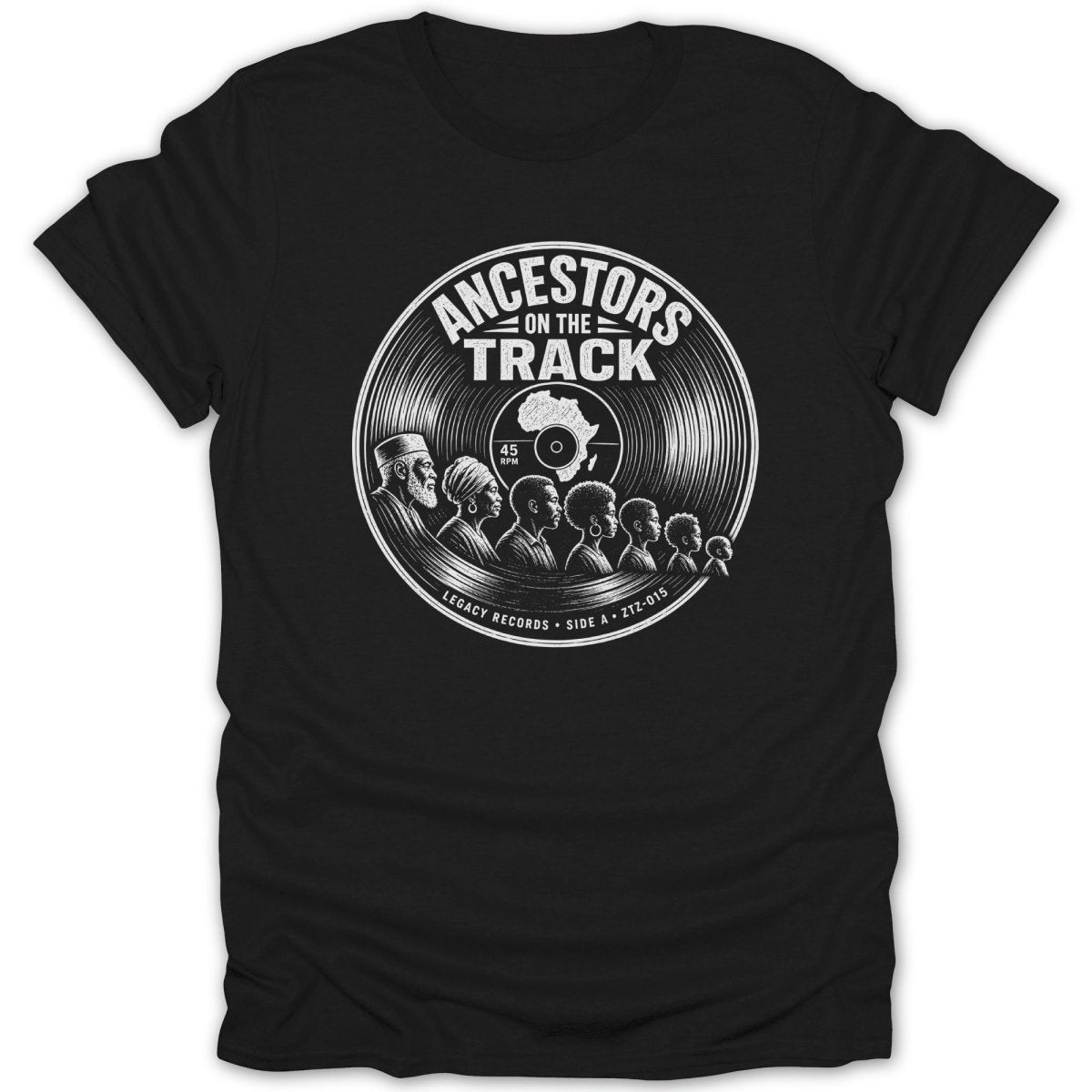Black t-shirt with white graphic of a record and diverse faces with text "Ancestors On The Track."