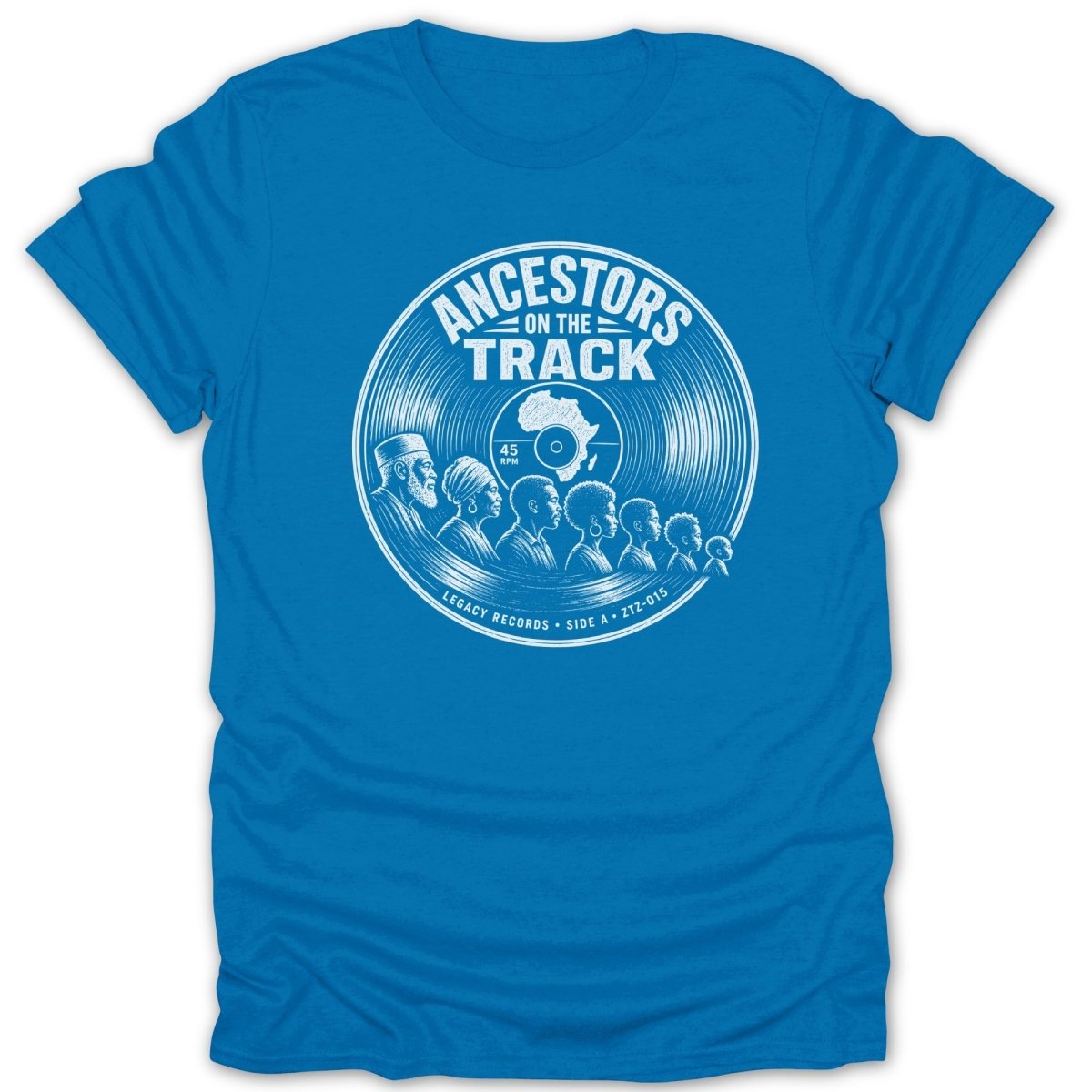 Blue t-shirt with white graphic of a vinyl record, silhouettes of African ancestors, and text.