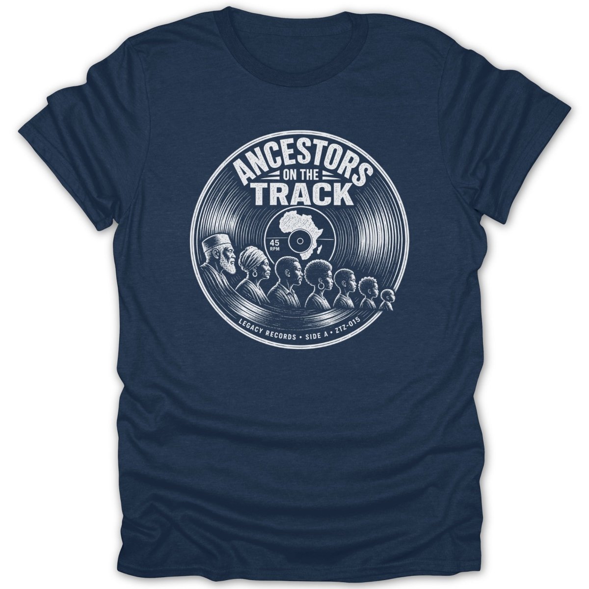 Dark blue t-shirt with white graphic of a vinyl record and diverse figures. Text reads "Ancestors on the Track".