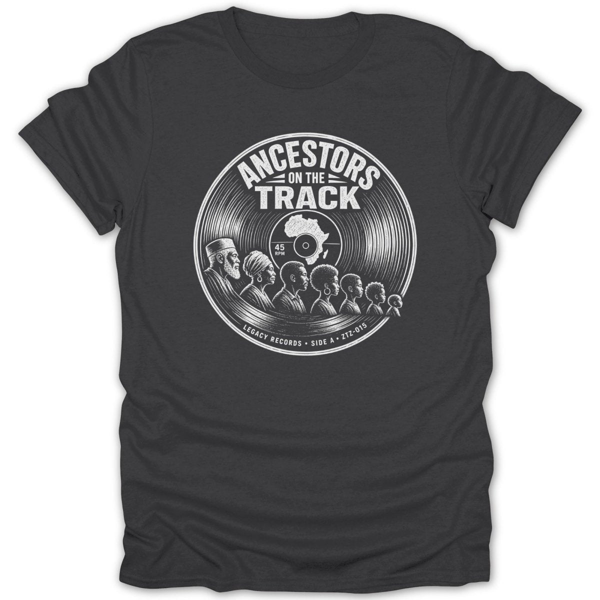 T-shirt with a white graphic of a vinyl record with the text "Ancestors On The Track".