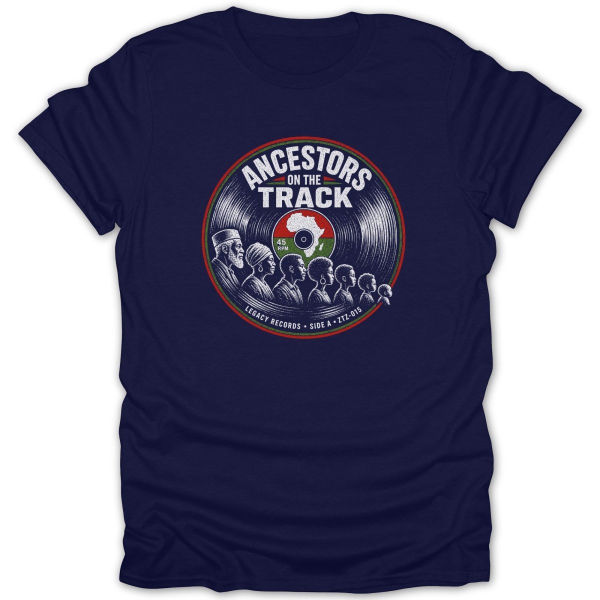 Navy t-shirt with circular graphic of diverse faces on a vinyl record.