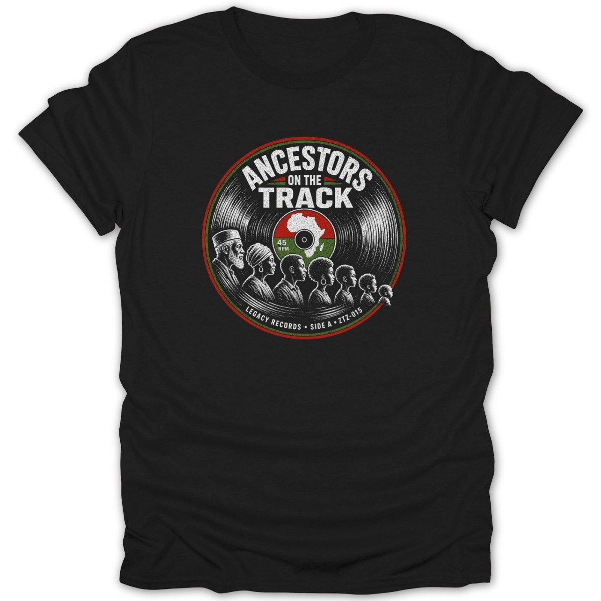 Black t-shirt with a circular graphic of a vinyl record featuring "Ancestors On The Track" text and silhouetted figures.