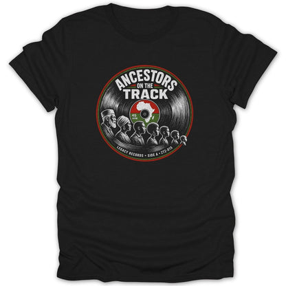 Black t-shirt with a circular graphic of a vinyl record featuring "Ancestors On The Track" text and silhouetted figures.