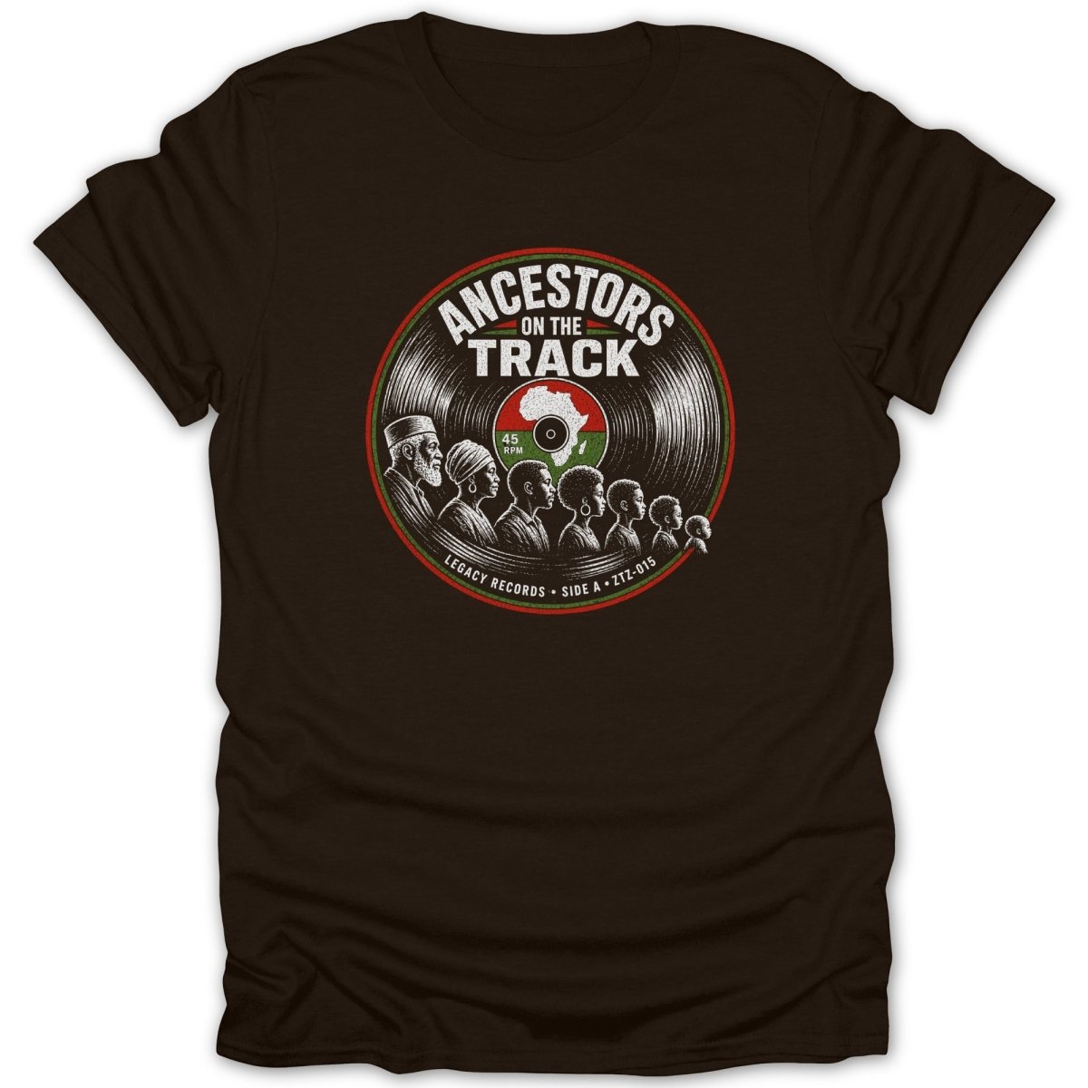 Brown t-shirt with vinyl record design featuring silhouettes of people and Africa.