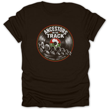 Brown t-shirt with vinyl record design featuring silhouettes of people and Africa.