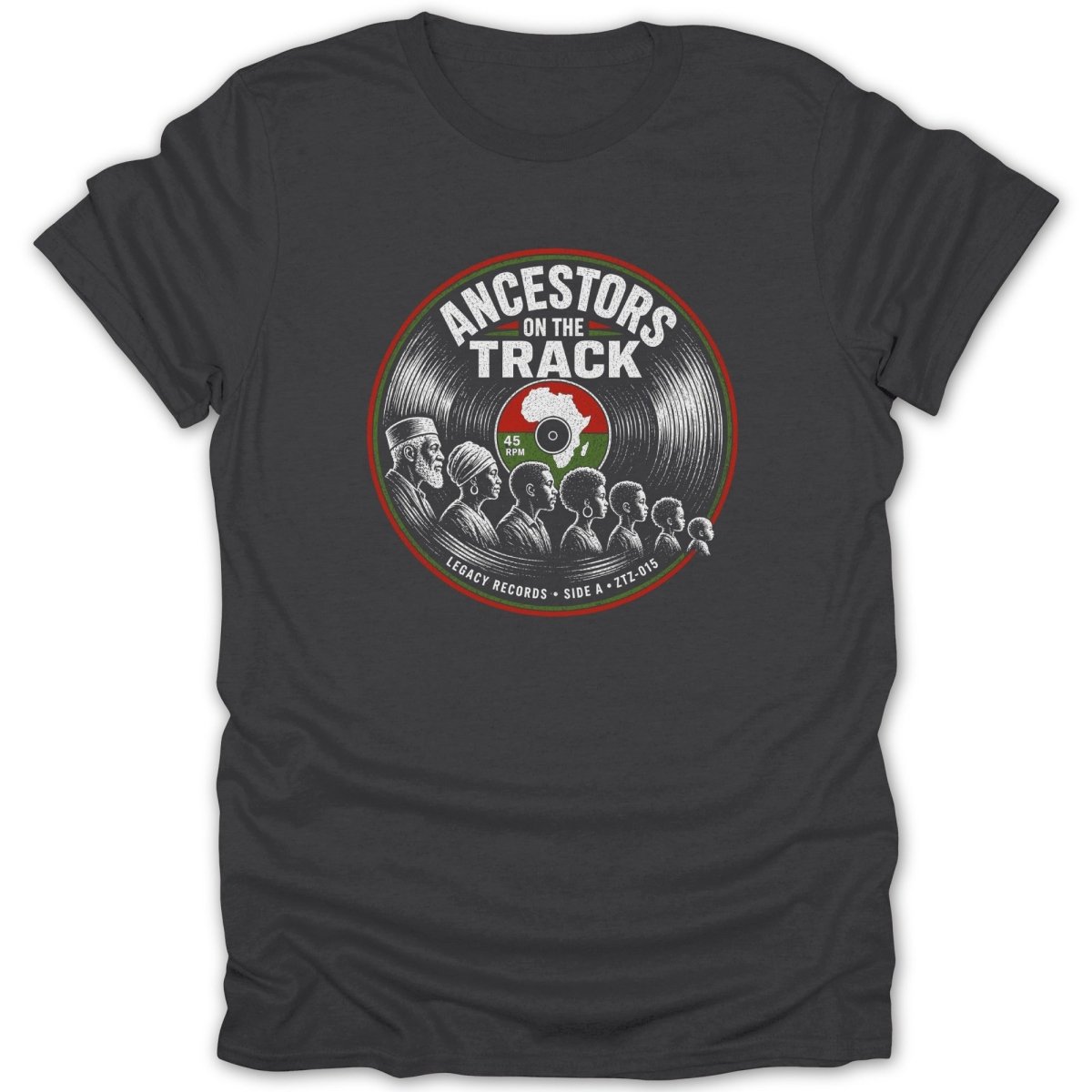 T-shirt with "Ancestors On The Track" text and vinyl record graphic.