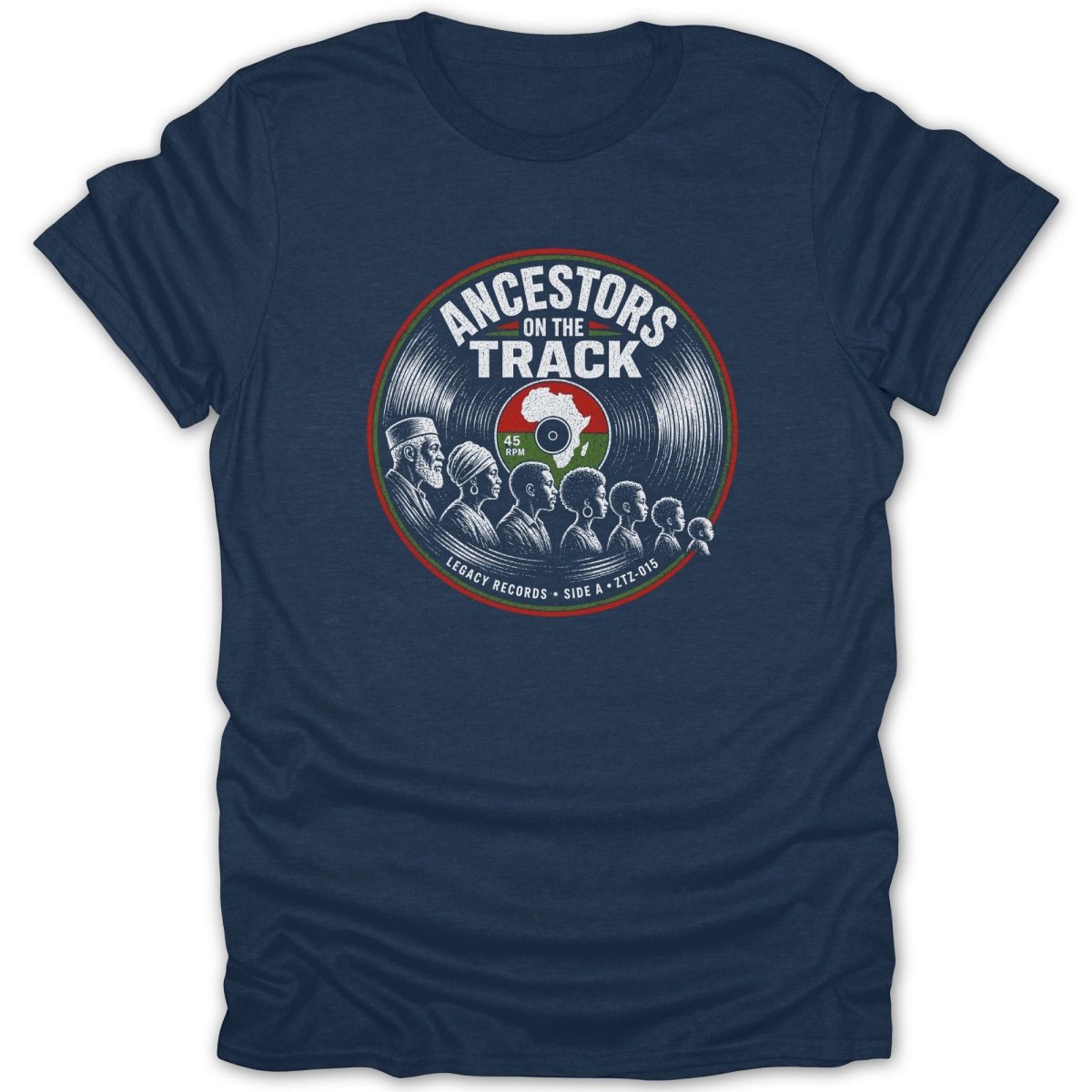 Navy t-shirt featuring a vinyl record graphic with diverse individuals and the text "Ancestors On The Track."
