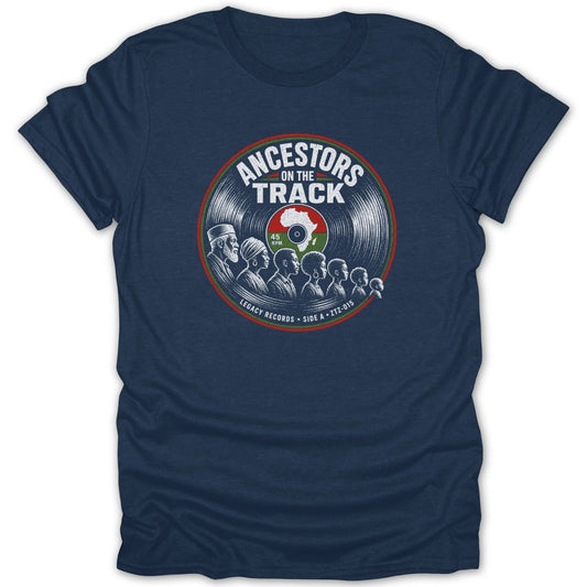 Navy t-shirt featuring a vinyl record graphic with diverse individuals and the text "Ancestors On The Track."