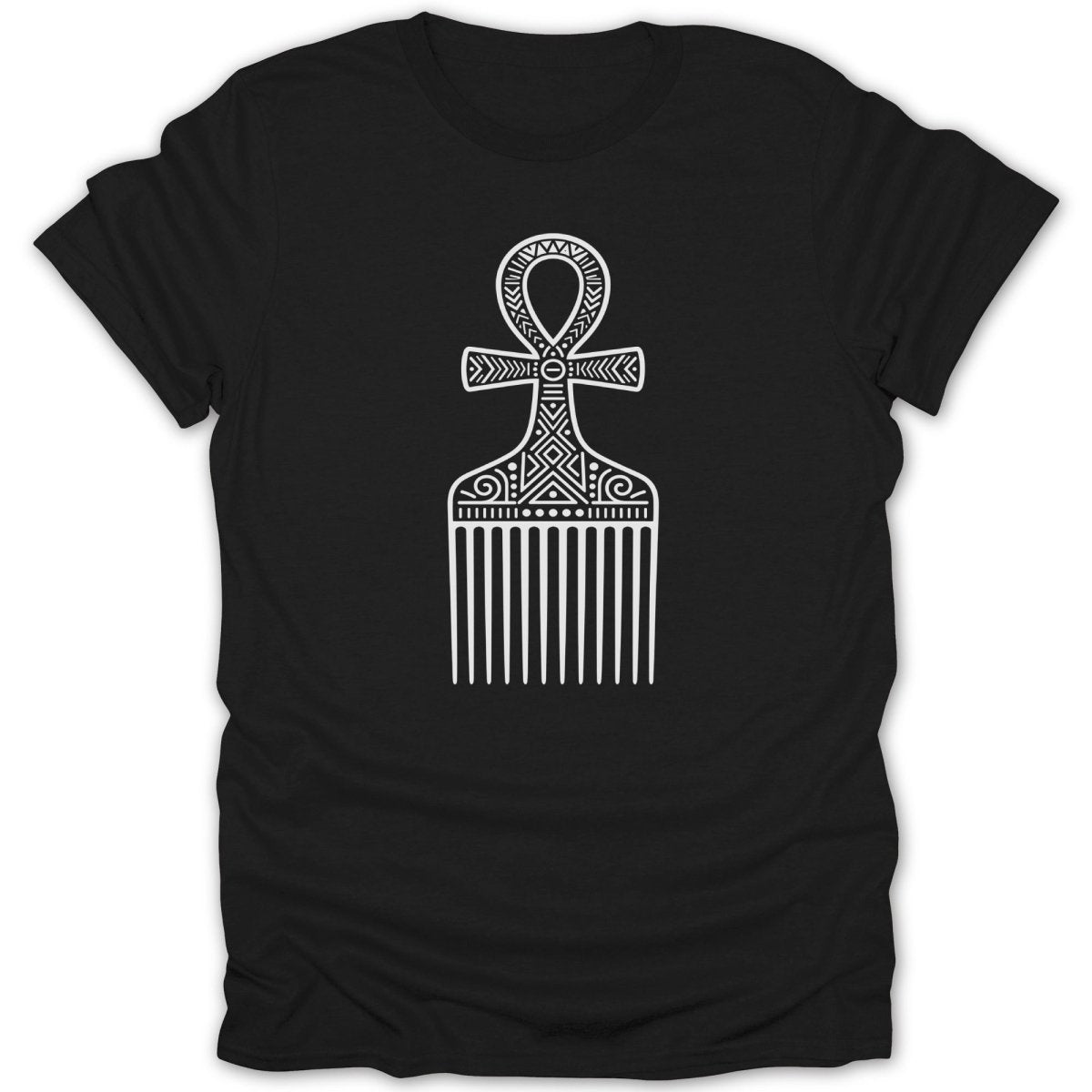 Black t-shirt featuring a white ankh symbol combined with a comb.