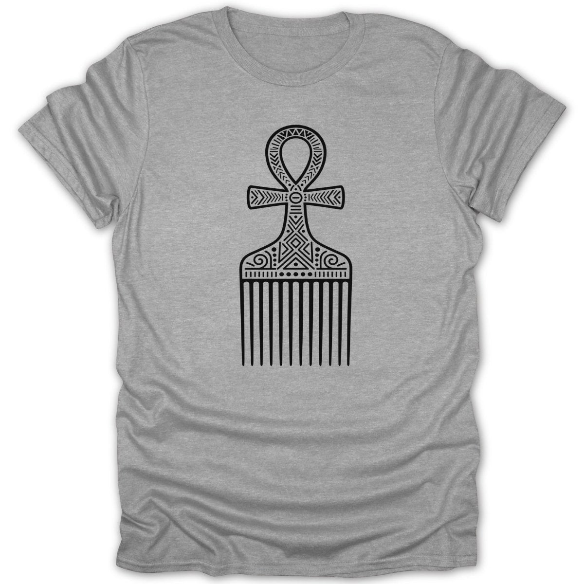 Grey t-shirt with a black ankh comb graphic and tribal patterns.