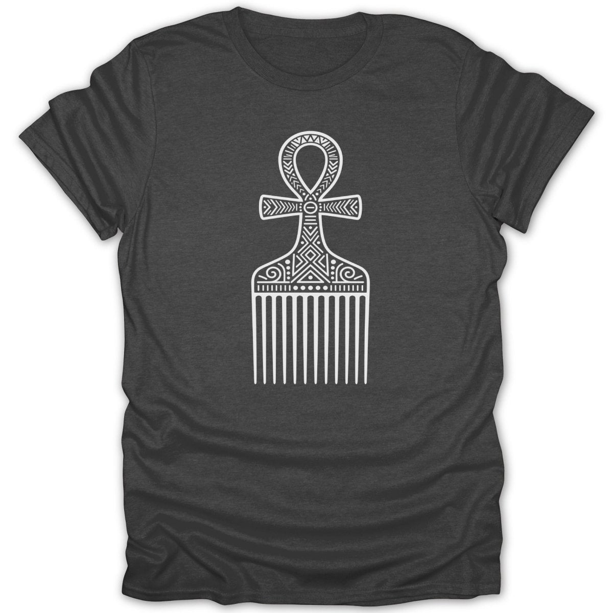 Dark grey t-shirt with white ankh comb graphic and intricate tribal patterns.