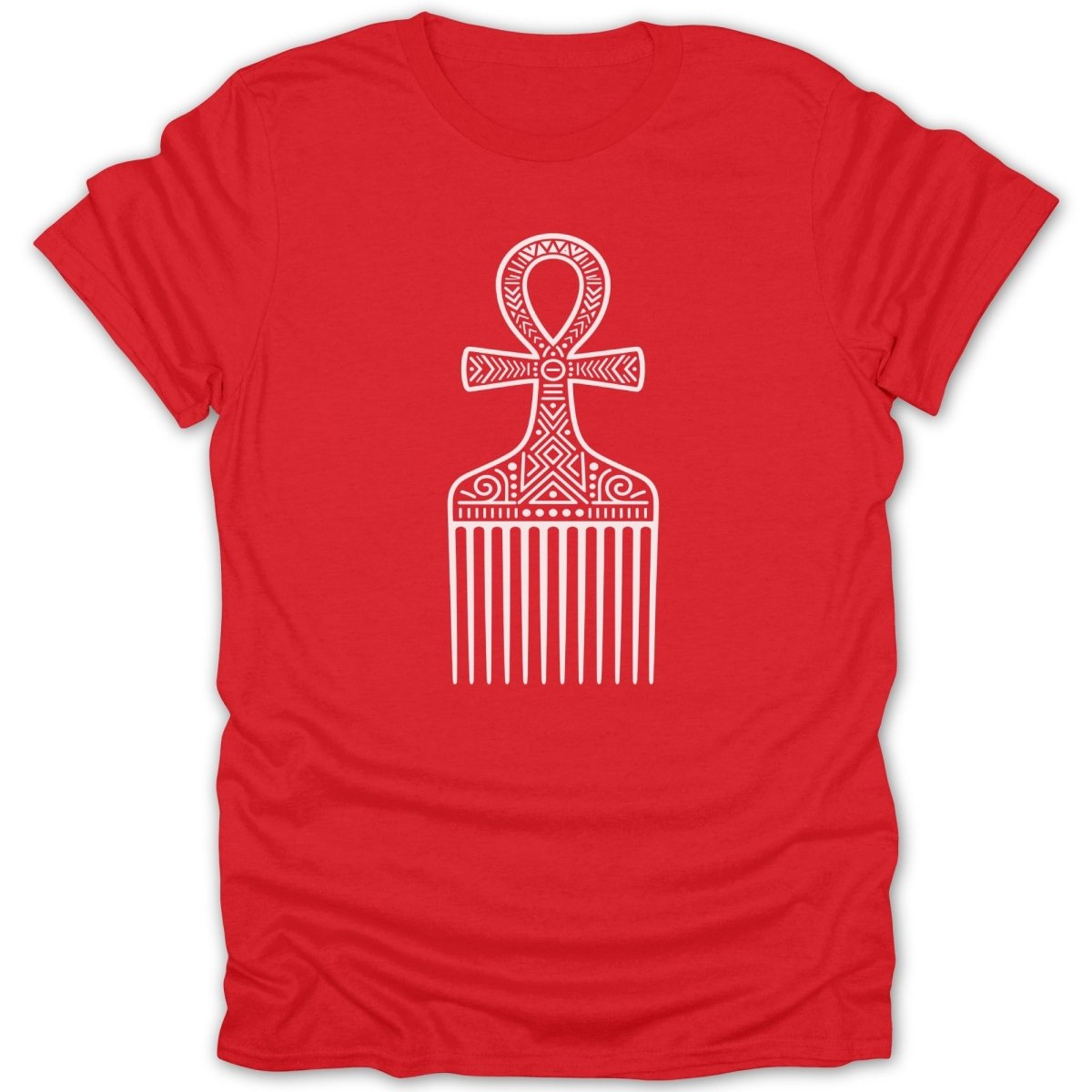 Red t-shirt with a white ankh comb graphic on the front.