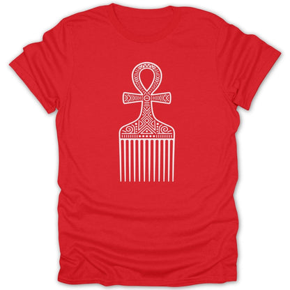 Red t-shirt with a white ankh comb graphic on the front.