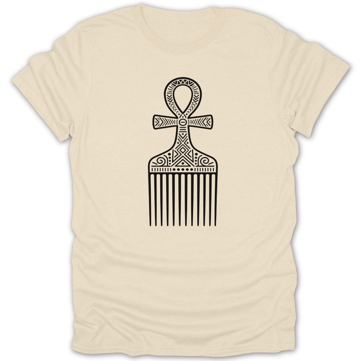 Cream t-shirt with black ankh and comb graphic design.