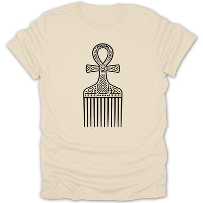 Cream t-shirt with black ankh and comb graphic design.