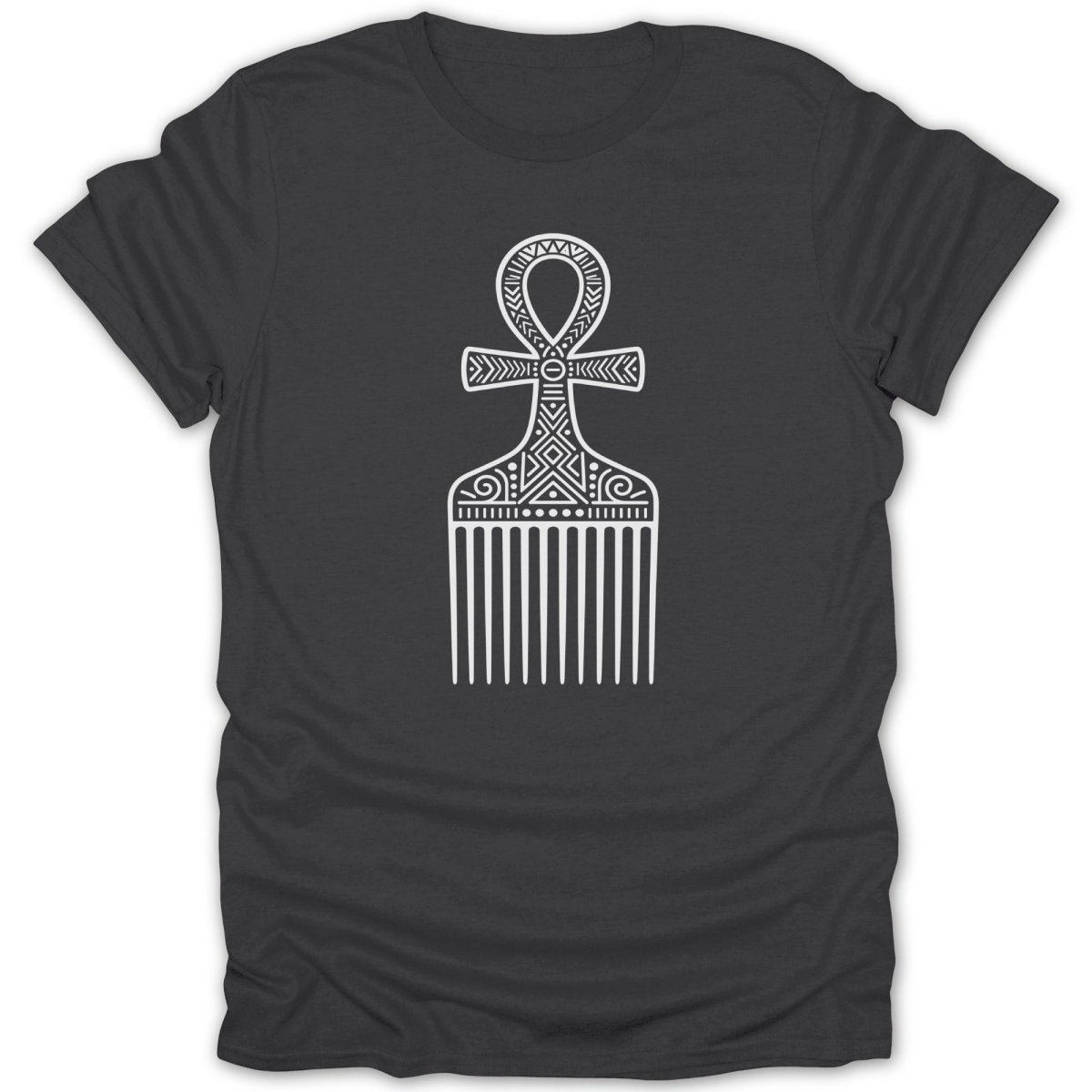 Dark grey t-shirt with a white graphic of an ankh comb.
