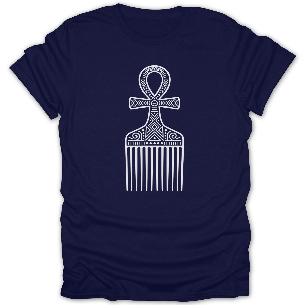 Dark blue t-shirt with white print of an ankh symbol melded with a hair comb.