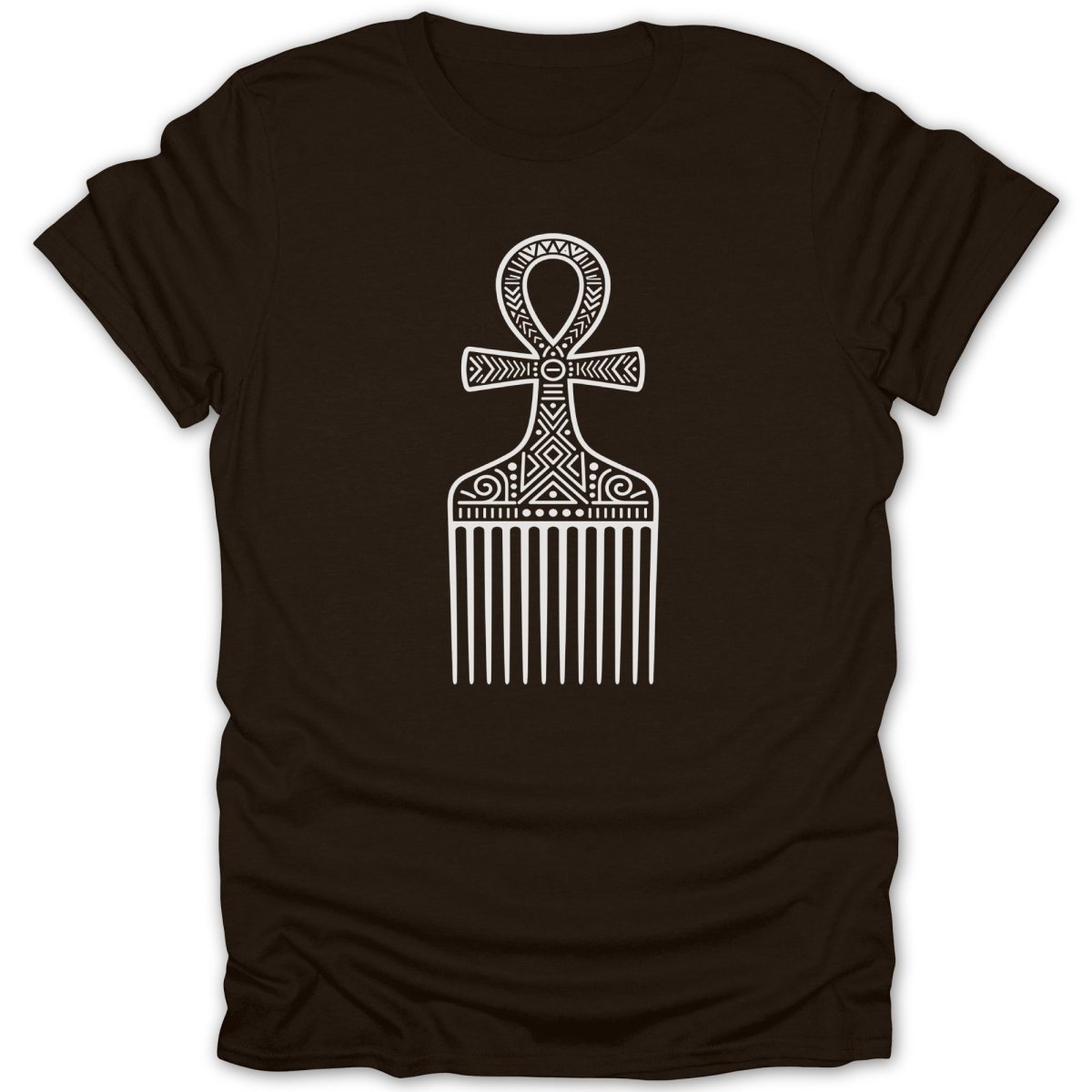 Brown t-shirt with white ankh comb design.