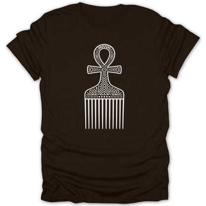 Brown t-shirt with white ankh comb design.