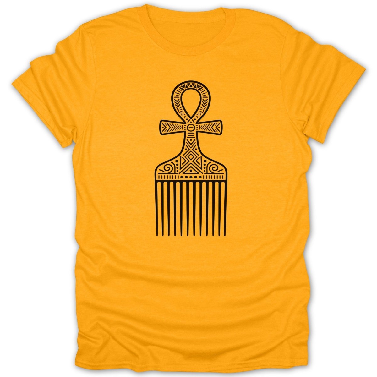Orange t-shirt with a black print of an ankh and comb design.