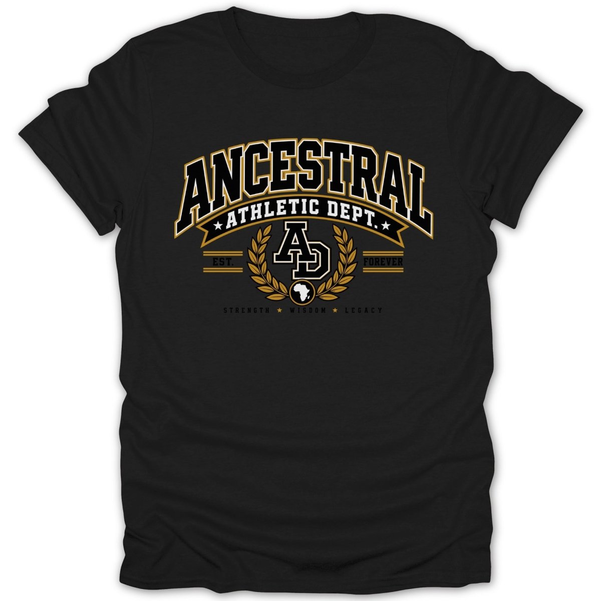 Black t-shirt with "ANCESTRAL ATHLETIC DEPT." text and AD logo.