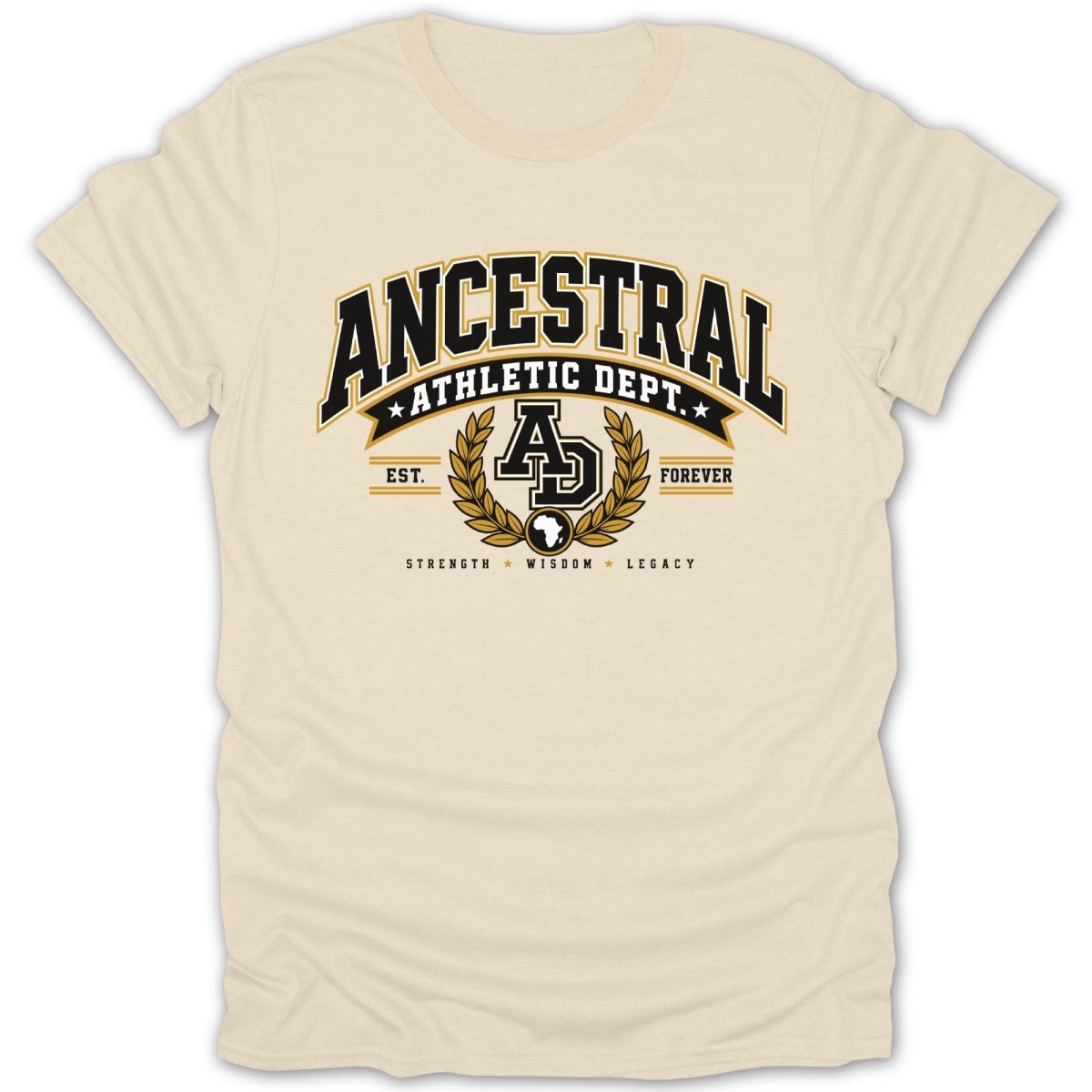Ancestral Athletic Dept. AD graphic with laurel wreath and African continent outline.