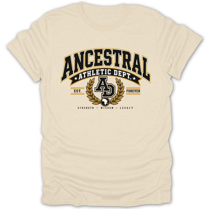 Ancestral Athletic Dept. AD graphic with laurel wreath and African continent outline.