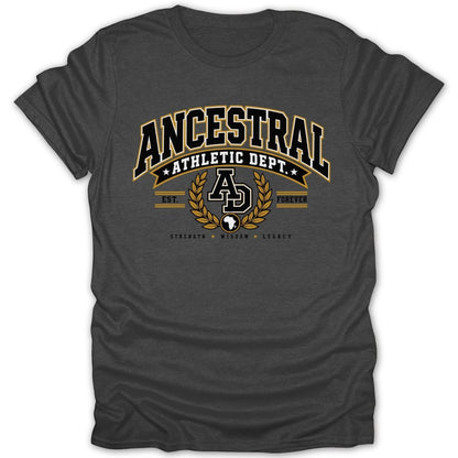 Dark grey t-shirt with "Ancestral Athletic Dept." logo featuring AD monogram and Africa outline.
